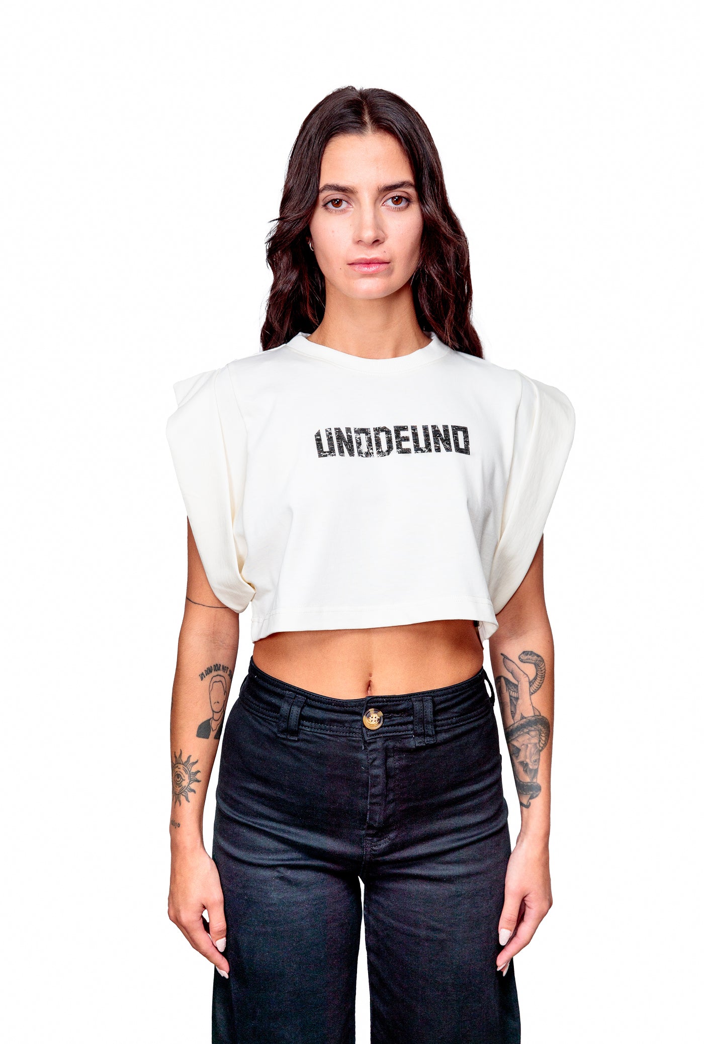 Off-white Cotton Black Printed Top Crop T-Shirt