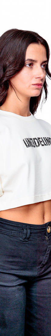 Off-white Cotton Black Printed Top Crop T-Shirt