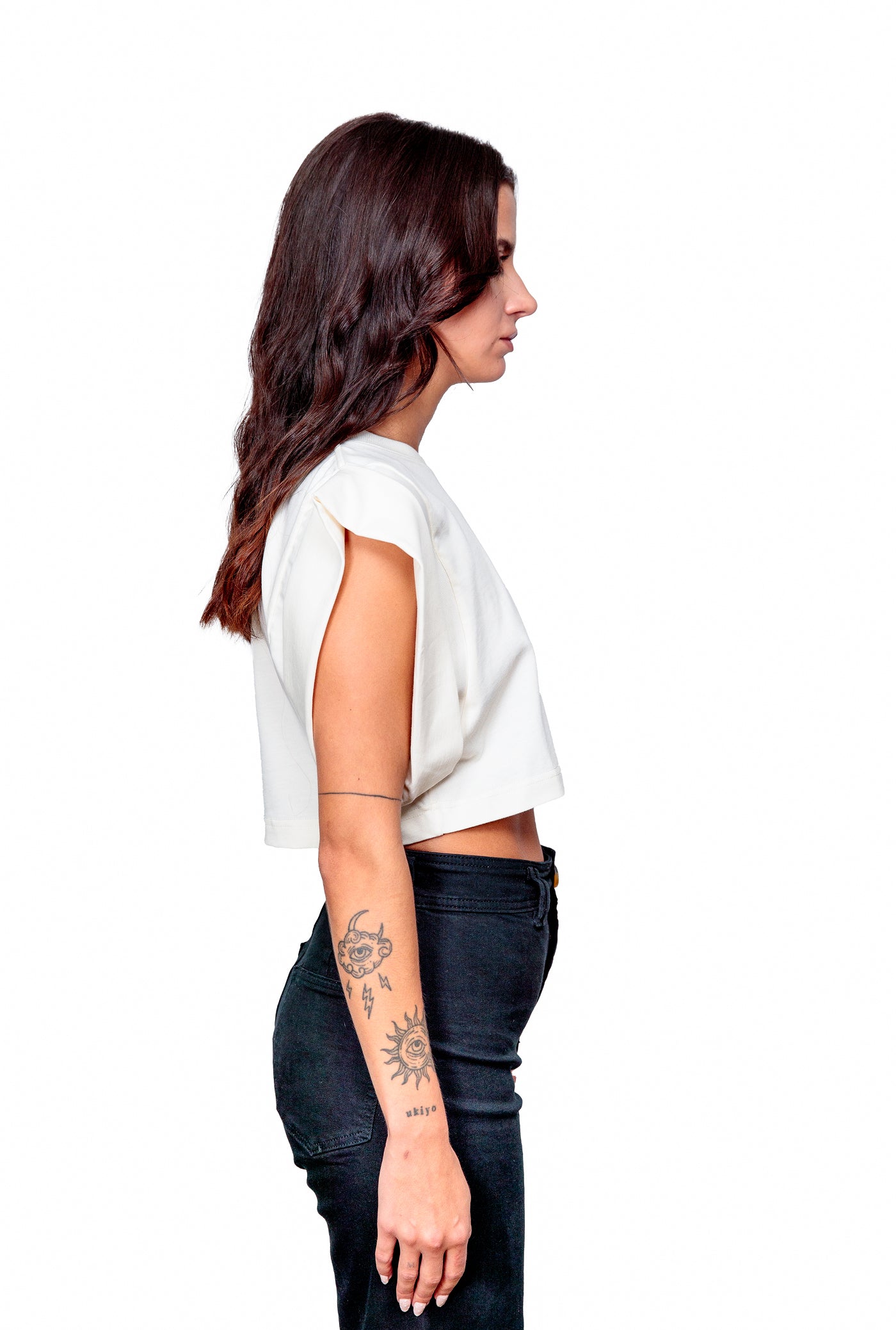 Off-white Cotton Black Printed Top Crop T-Shirt