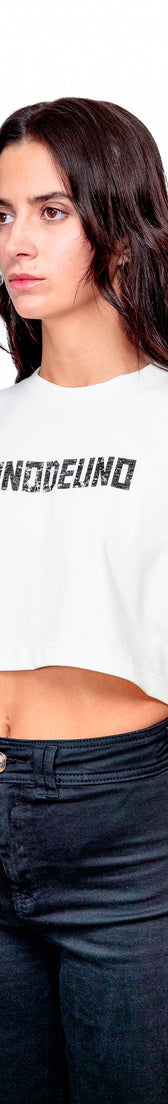 Off-white Cotton Black Printed Top Crop T-Shirt