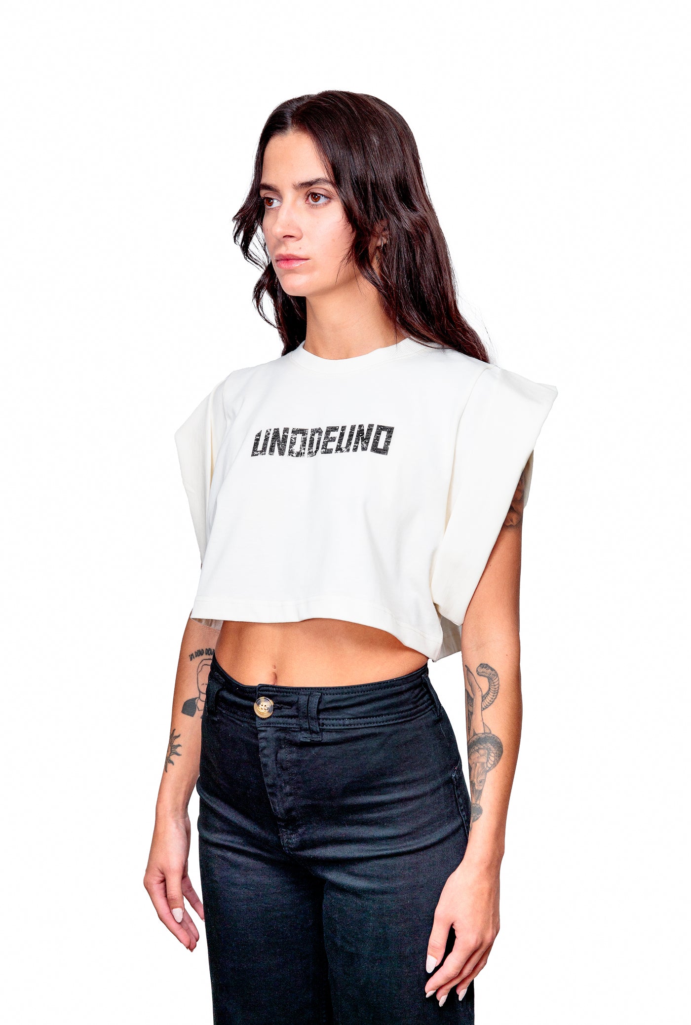 Off-white Cotton Black Printed Top Crop T-Shirt