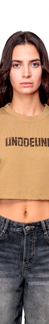 Camel Cotton Black Printed Top Crop T-Shirt