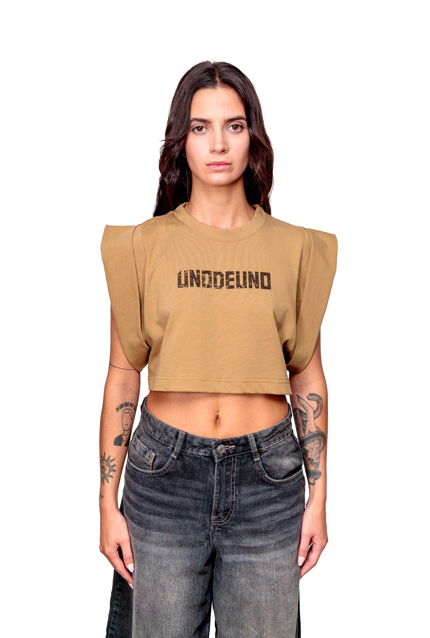 Camel Cotton Black Printed Top Crop T-Shirt