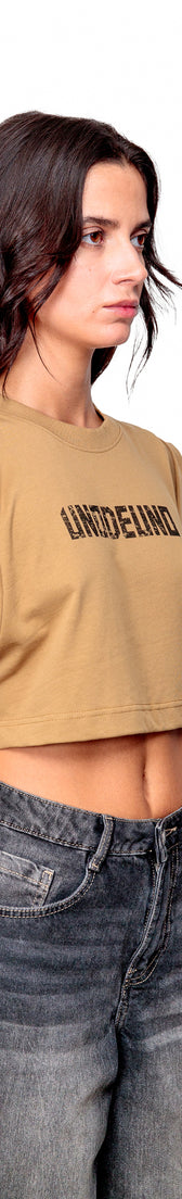 Camel Cotton Black Printed Top Crop T-Shirt