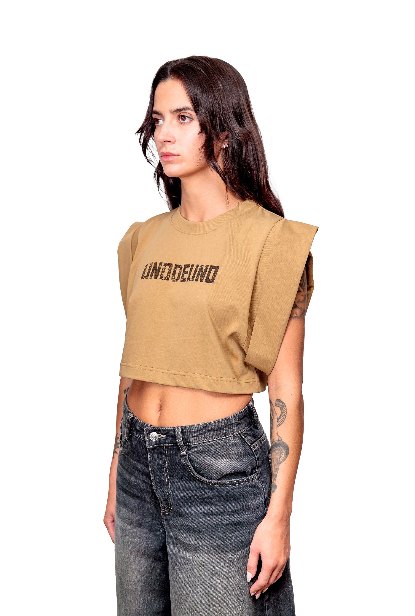 Camel Cotton Black Printed Top Crop T-Shirt